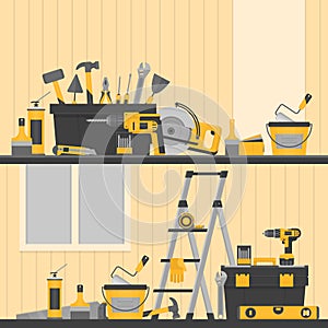 Home repair banner. ÃÂ¡onstruction tools. Hand tools for home renovation and construction. Flat style, vector illustration.